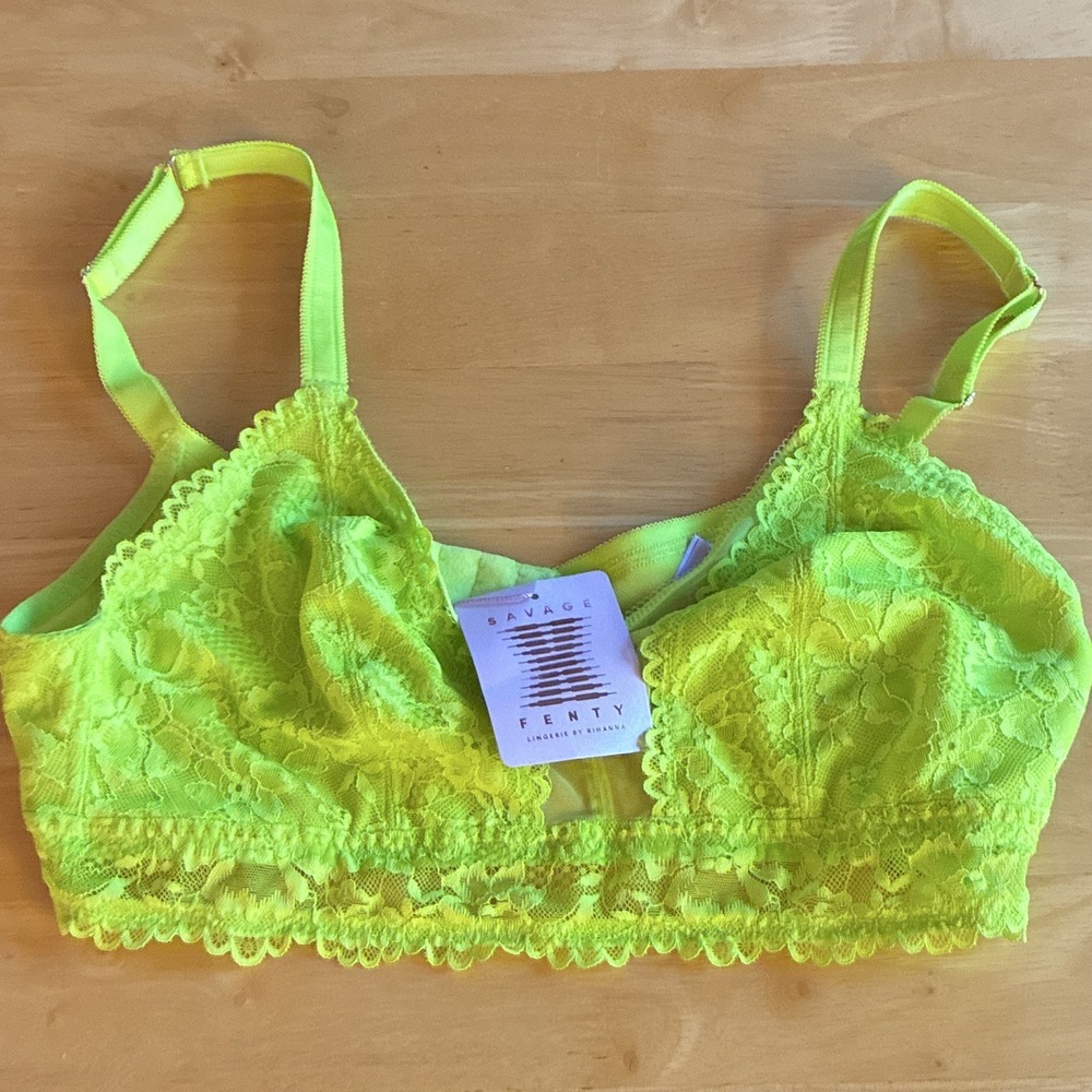 Savage X Fenty Neon Lime Green Lace Mesh Wireless Bralette Bra 1X Hook & Eye